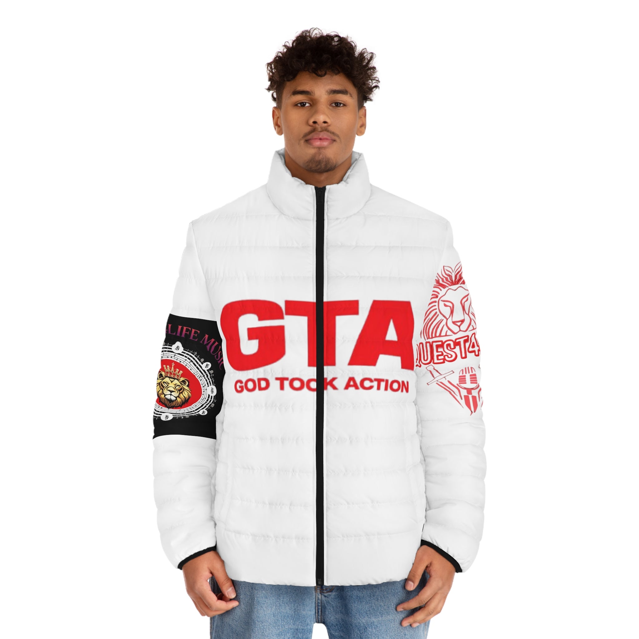 Puffer Jacket — GTA "God Took Action" Red Logo & Crest Graphic