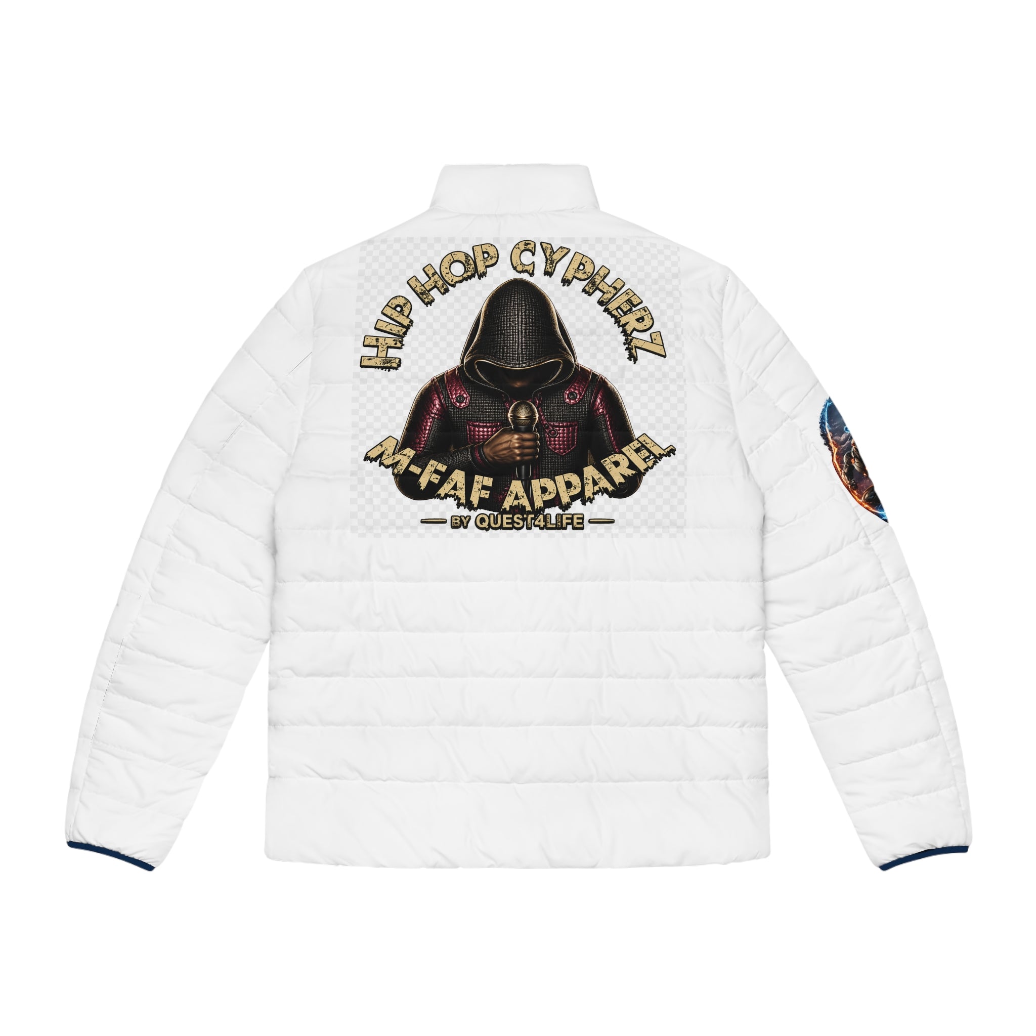 M-FAF Puffer Jacket with Q4L Comics Arm Patch & Quest4Life Music Logo