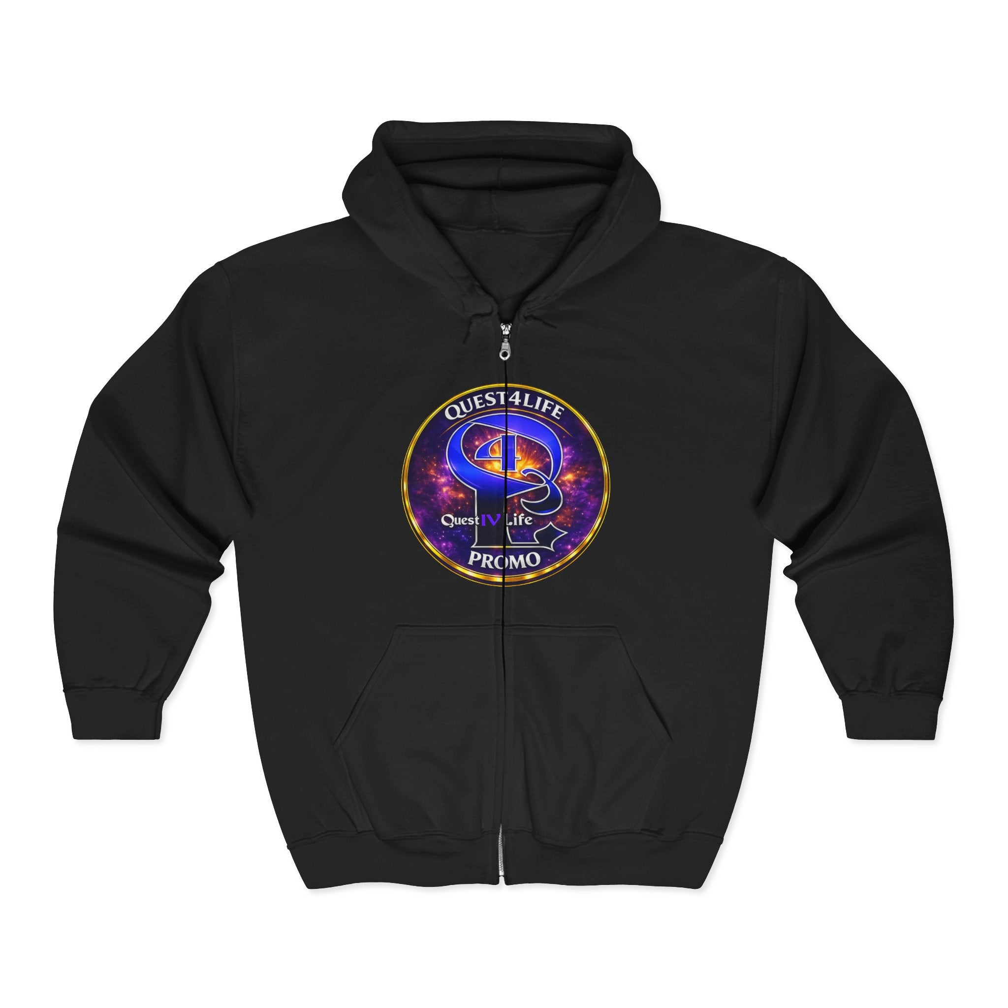 Full-Zip Hoodie — Cosmic Questlife Promo Design (Back Portrait Emblem)