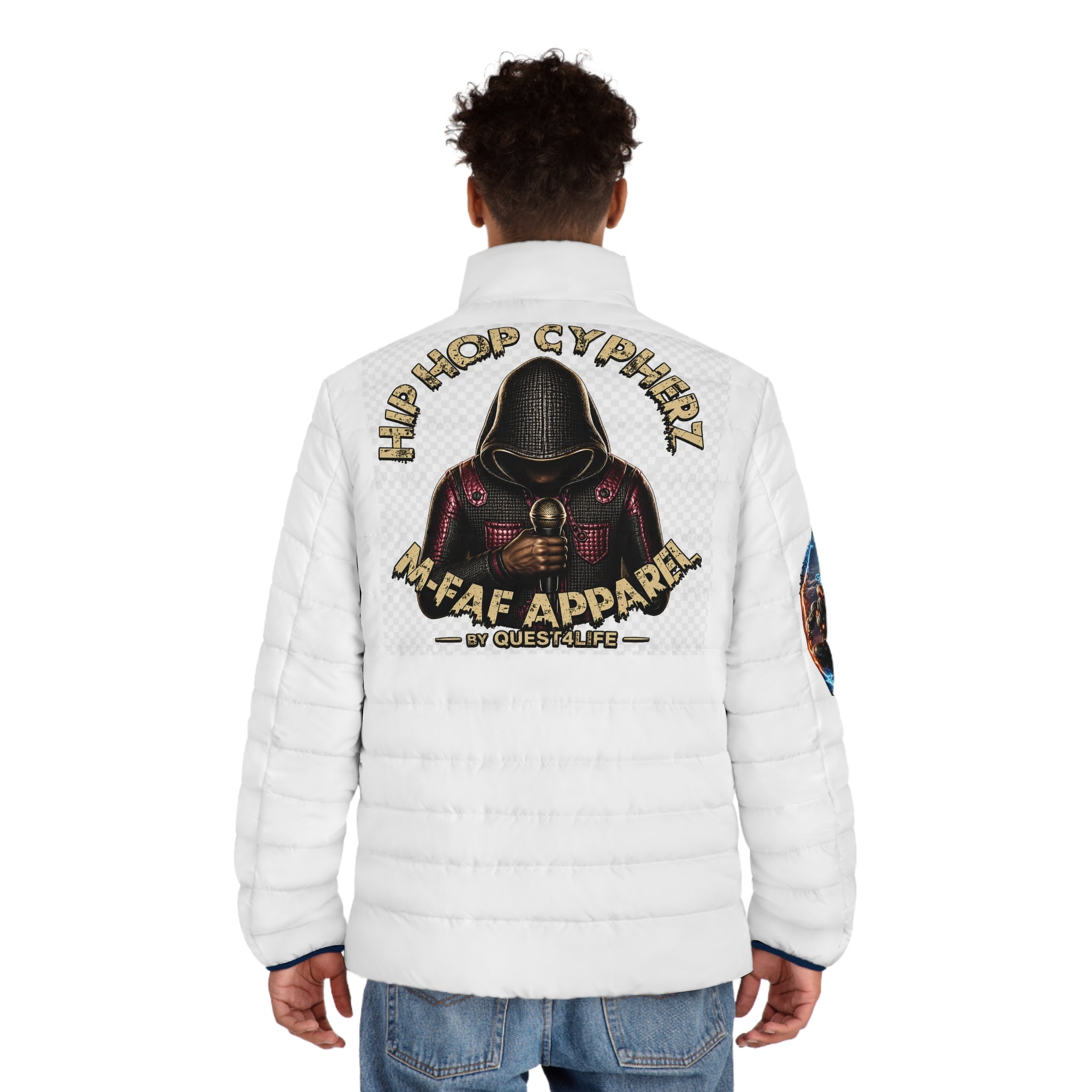M-FAF Puffer Jacket with Q4L Comics Arm Patch & Quest4Life Music Logo