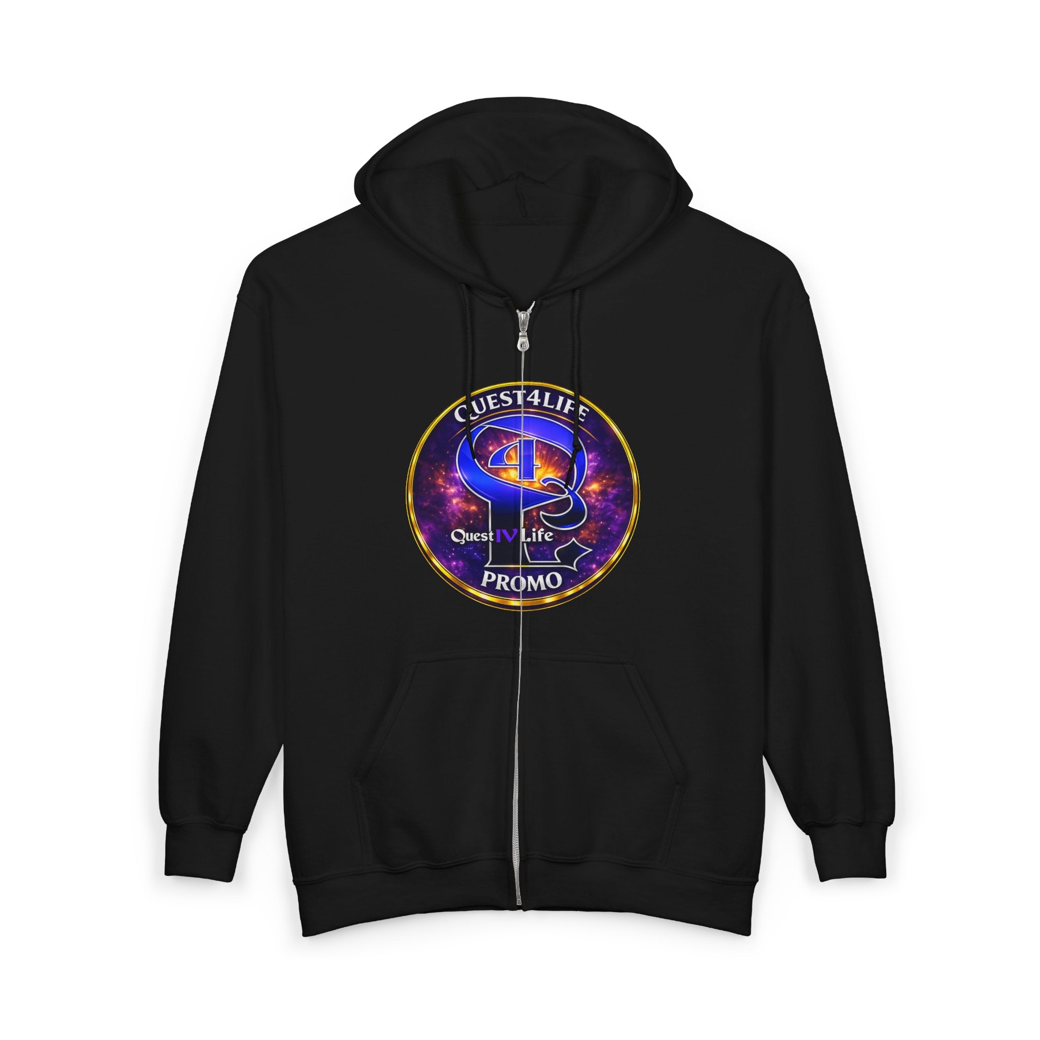 Full-Zip Hoodie — Cosmic Questlife Promo Design (Back Portrait Emblem)