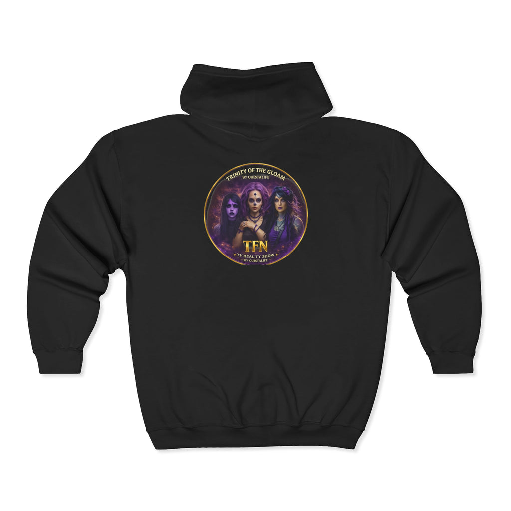 Full-Zip Hoodie — Cosmic Questlife Promo Design (Back Portrait Emblem)