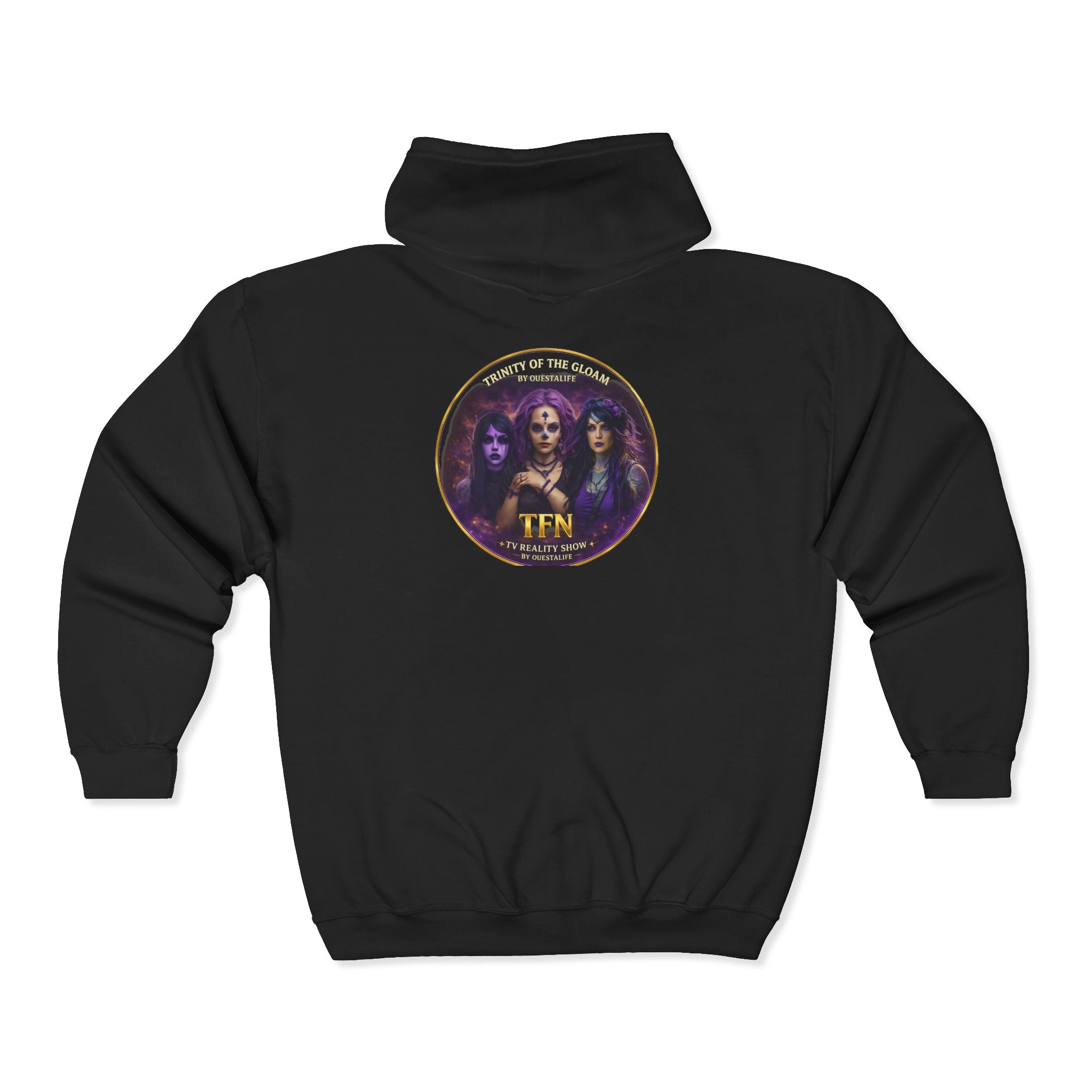 Full-Zip Hoodie — Cosmic Questlife Promo Design (Back Portrait Emblem)