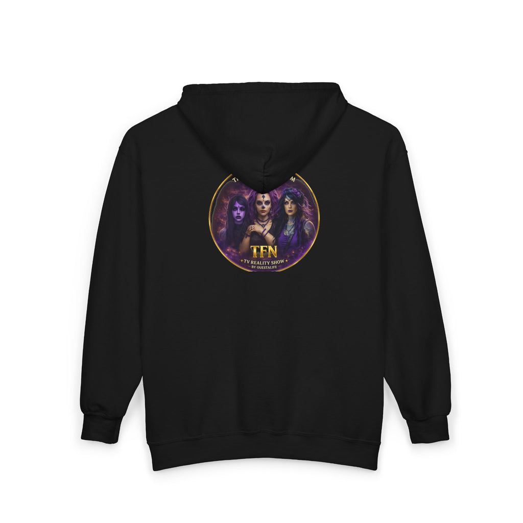 Full-Zip Hoodie — Cosmic Questlife Promo Design (Back Portrait Emblem)
