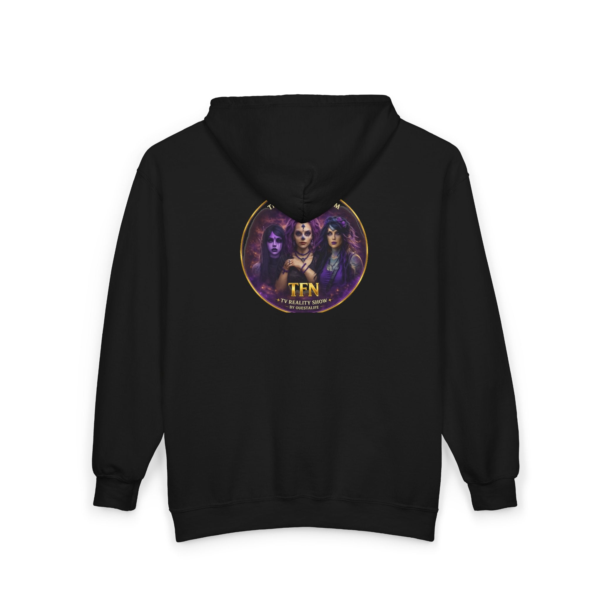 Full-Zip Hoodie — Cosmic Questlife Promo Design (Back Portrait Emblem)