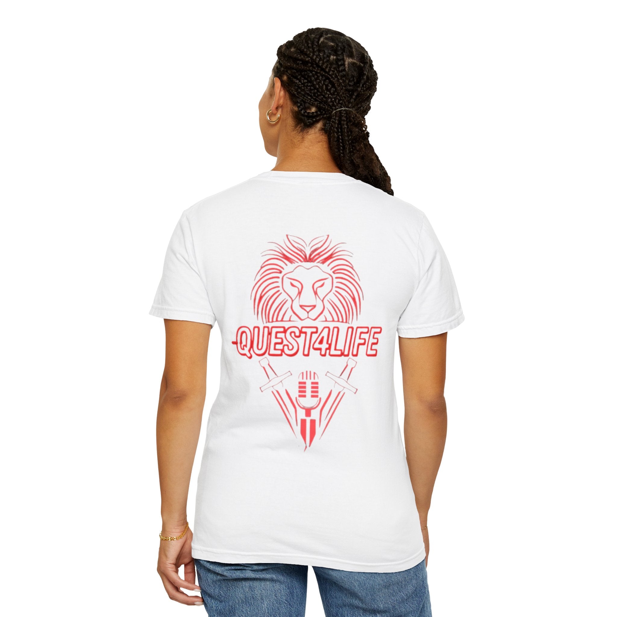 Quest4Life Lion Tee — Retro Neon Globe Front & Red Lion Back Graphic T-Shirt